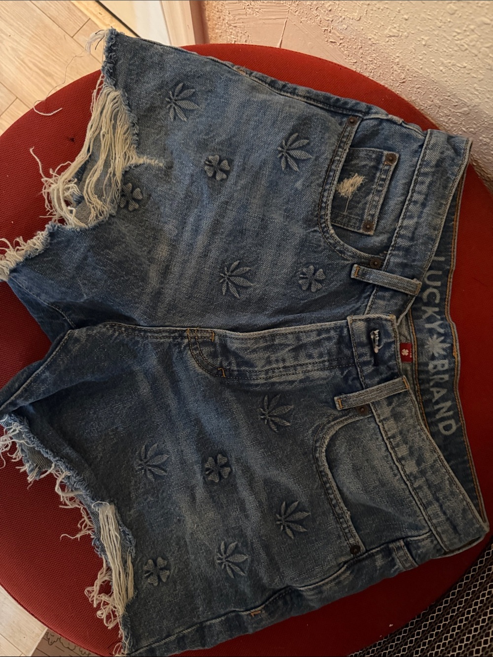 Lucky Brand Distressed Floral Embroidered Denim Shorts - Blue weed clover